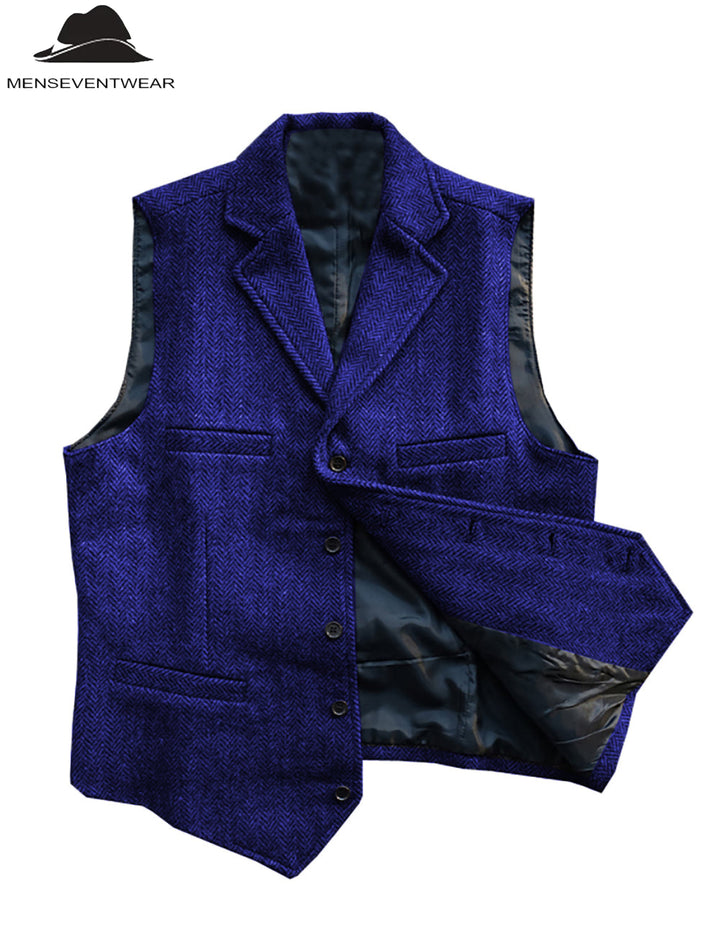 Casual Men's Classic Slim Fit Tweed Herringbone Notch Lapel Waistcoat Adam Reed