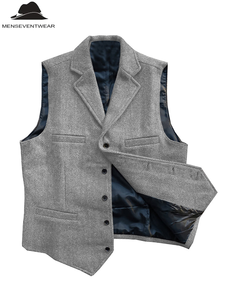 Casual Men's Classic Slim Fit Tweed Herringbone Notch Lapel Waistcoat Adam Reed