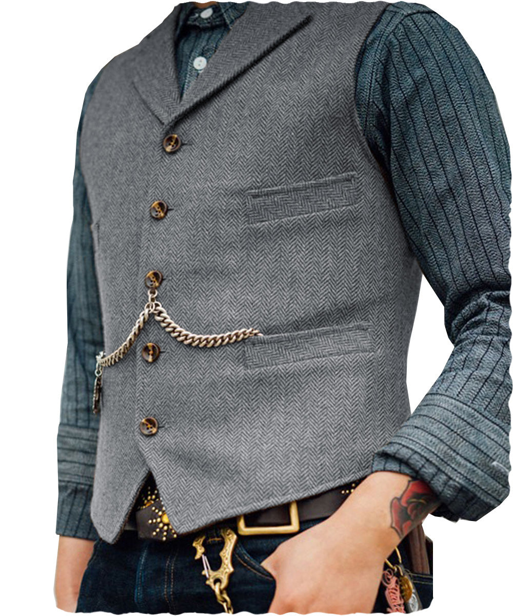 Casual Men's Classic Slim Fit Tweed Herringbone Notch Lapel Waistcoat menseventwear
