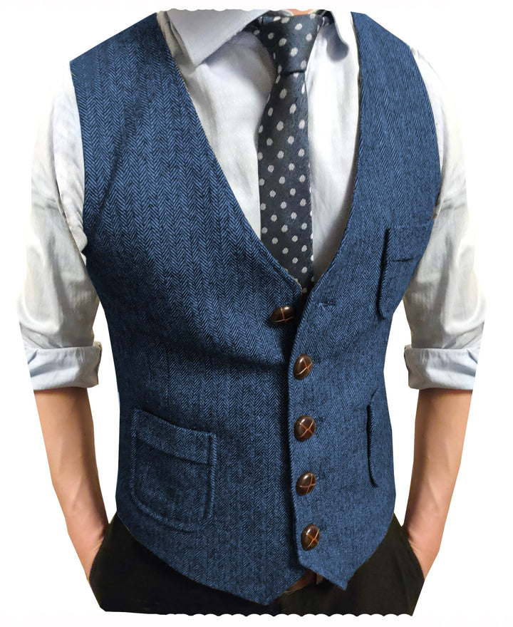 Casual Men's Classic Slim Fit Tweed Herringbone V Neck Waistcoat mens event wear