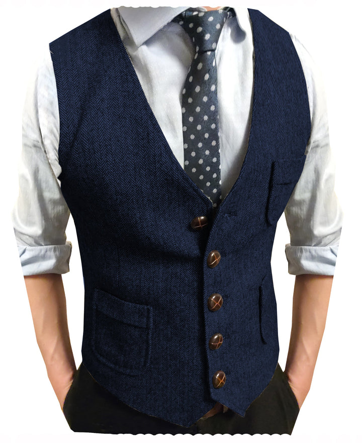 Casual Men's Classic Slim Fit Tweed Herringbone V Neck Waistcoat mens event wear