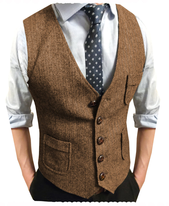 Casual Men's Classic Slim Fit Tweed Herringbone V Neck Waistcoat mens event wear