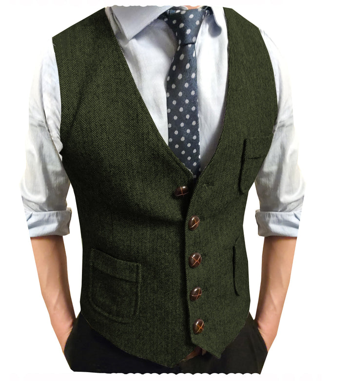 Casual Men's Classic Slim Fit Tweed Herringbone V Neck Waistcoat mens event wear