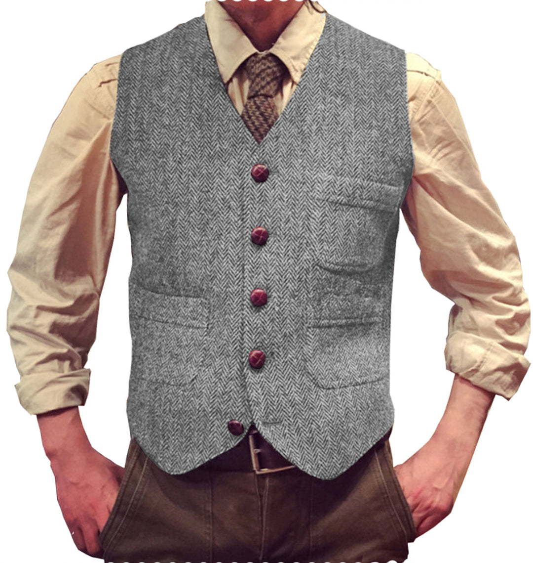 Casual Men's Classic Slim Fit Tweed Herringbone V Neck Waistcoat mens event wear