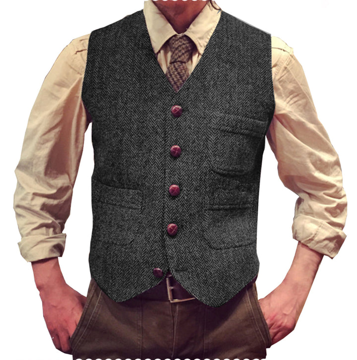 Casual Men's Classic Slim Fit Tweed Herringbone V Neck Waistcoat mens event wear