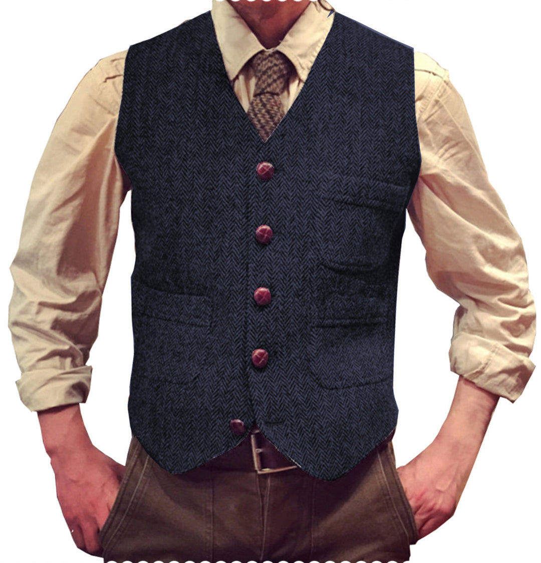 Casual Men's Classic Slim Fit Tweed Herringbone V Neck Waistcoat mens event wear