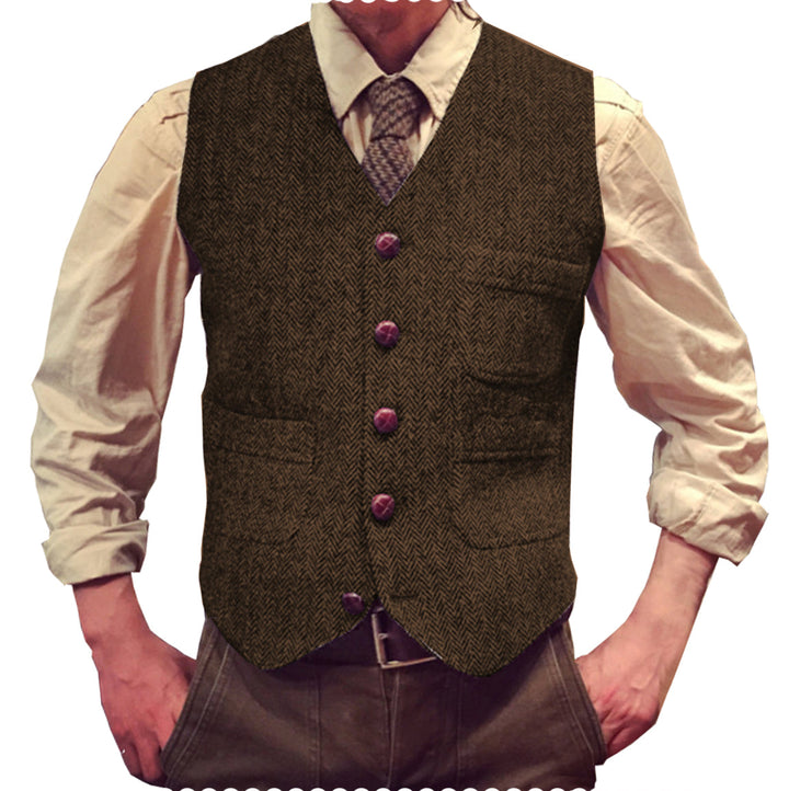 Casual Men's Classic Slim Fit Tweed Herringbone V Neck Waistcoat mens event wear