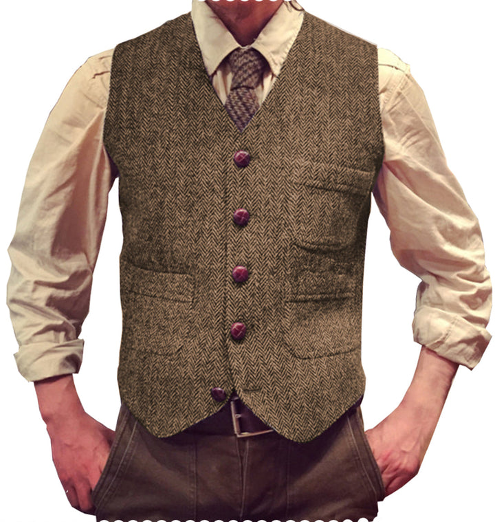 Casual Men's Classic Slim Fit Tweed Herringbone V Neck Waistcoat mens event wear