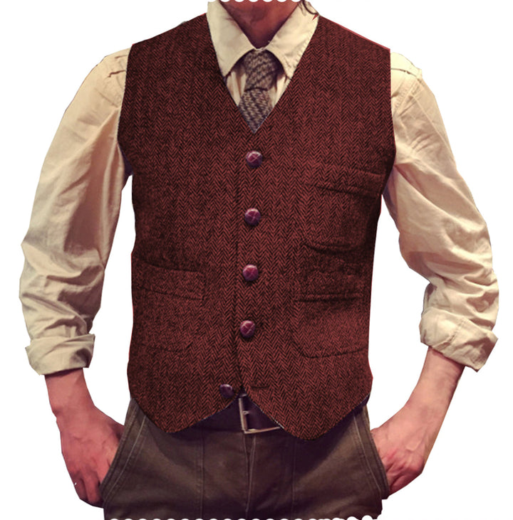 Casual Men's Classic Slim Fit Tweed Herringbone V Neck Waistcoat mens event wear