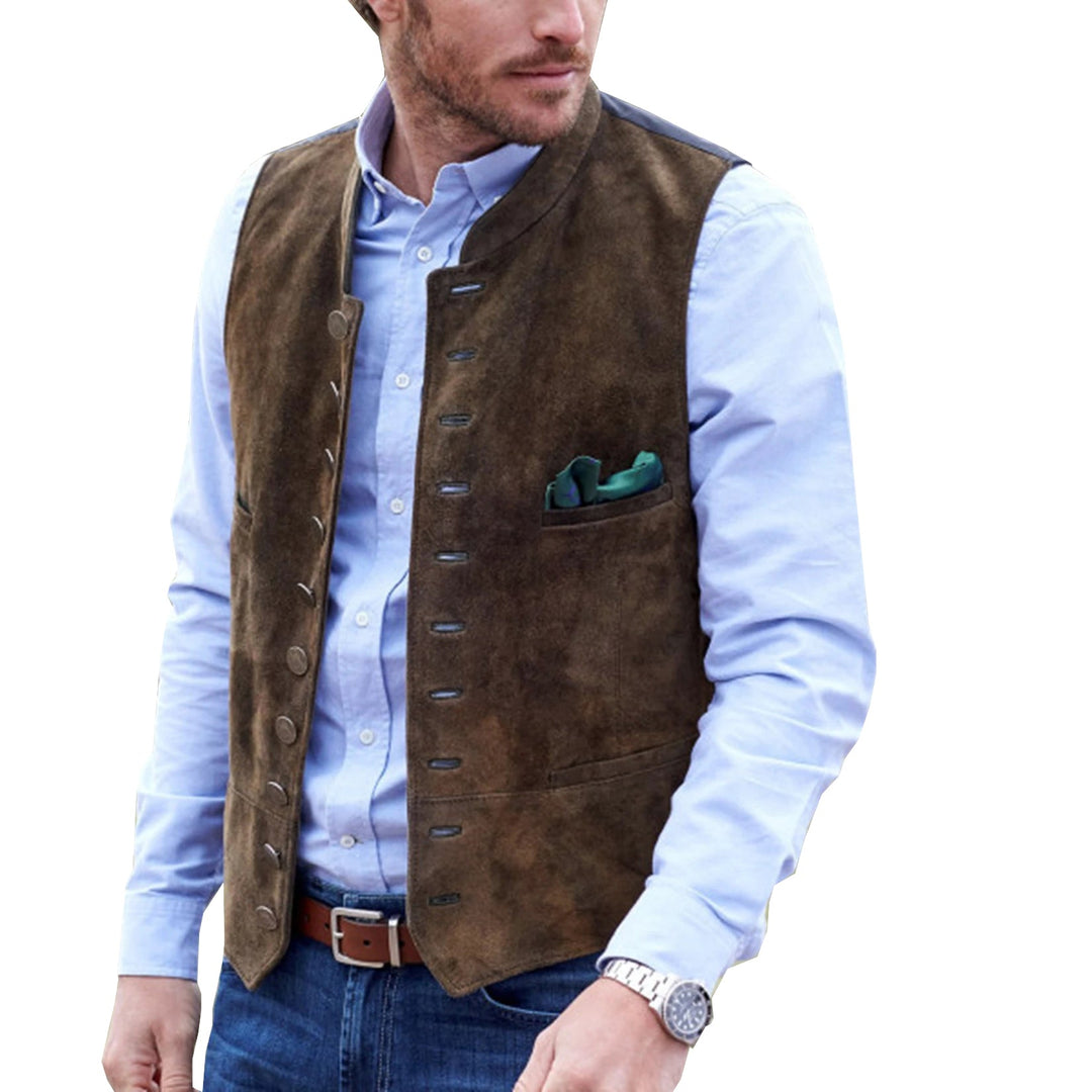Casual Men's Classic Suede Stand Collar Waistcoat Denim Jacket menseventwear
