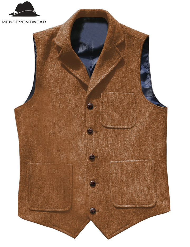 Casual Men's Classic Tweed Herringbone Notch Lapel Waistcoat Adam Reed