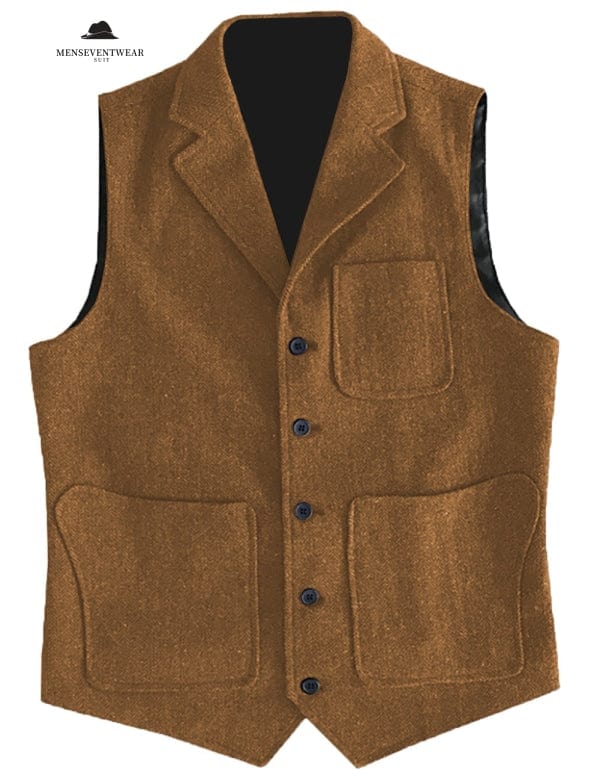 Casual Men's Classic Tweed Herringbone Notch Lapel Waistcoat menseventwear