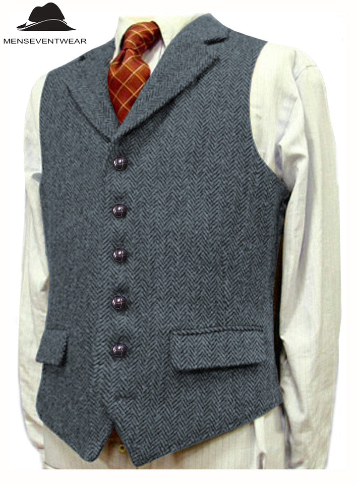 Casual Men's Classic Tweed Herringbone Notch Lapel Waistcoat menseventwear