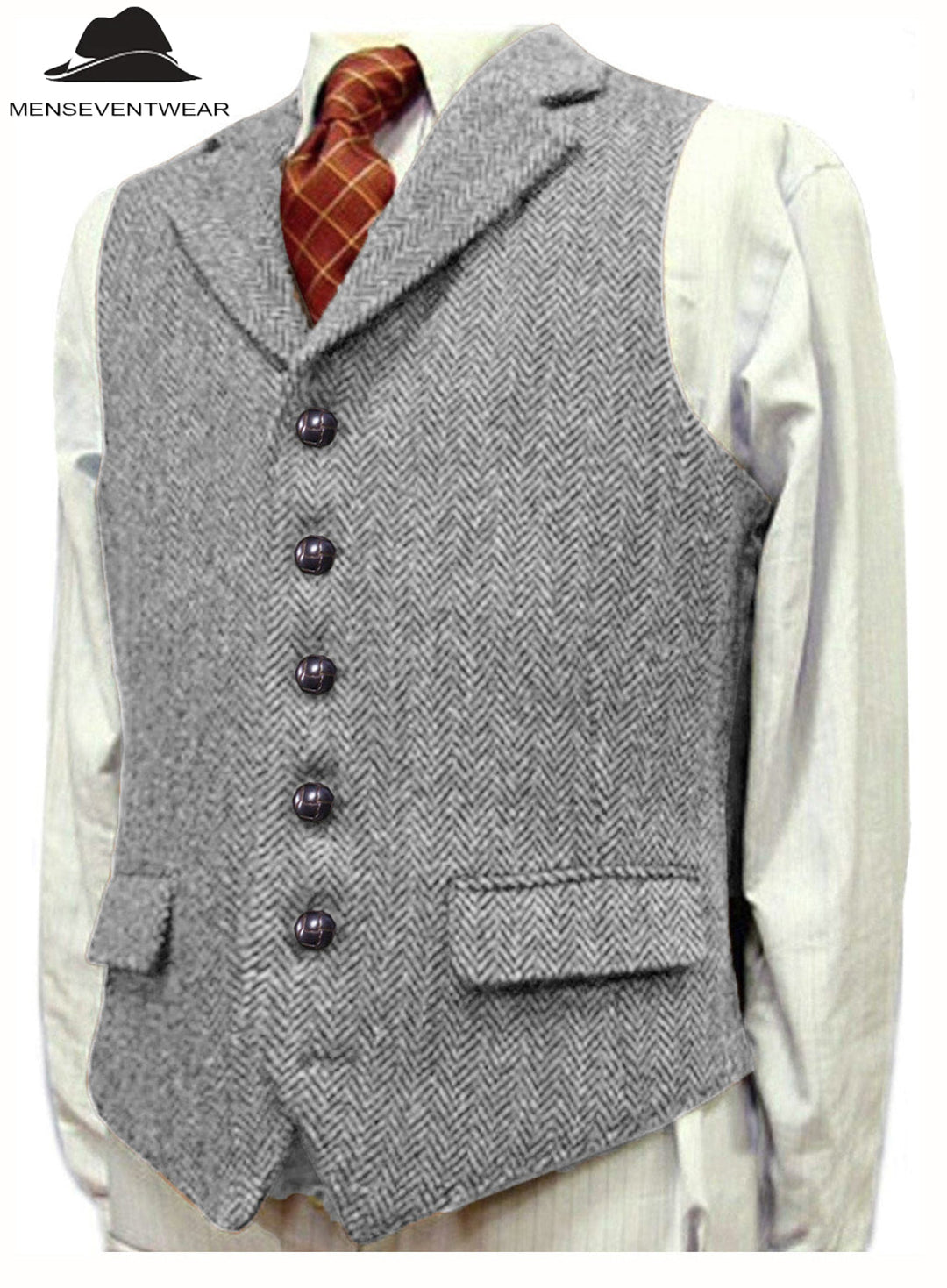 Casual Men's Classic Tweed Herringbone Notch Lapel Waistcoat menseventwear