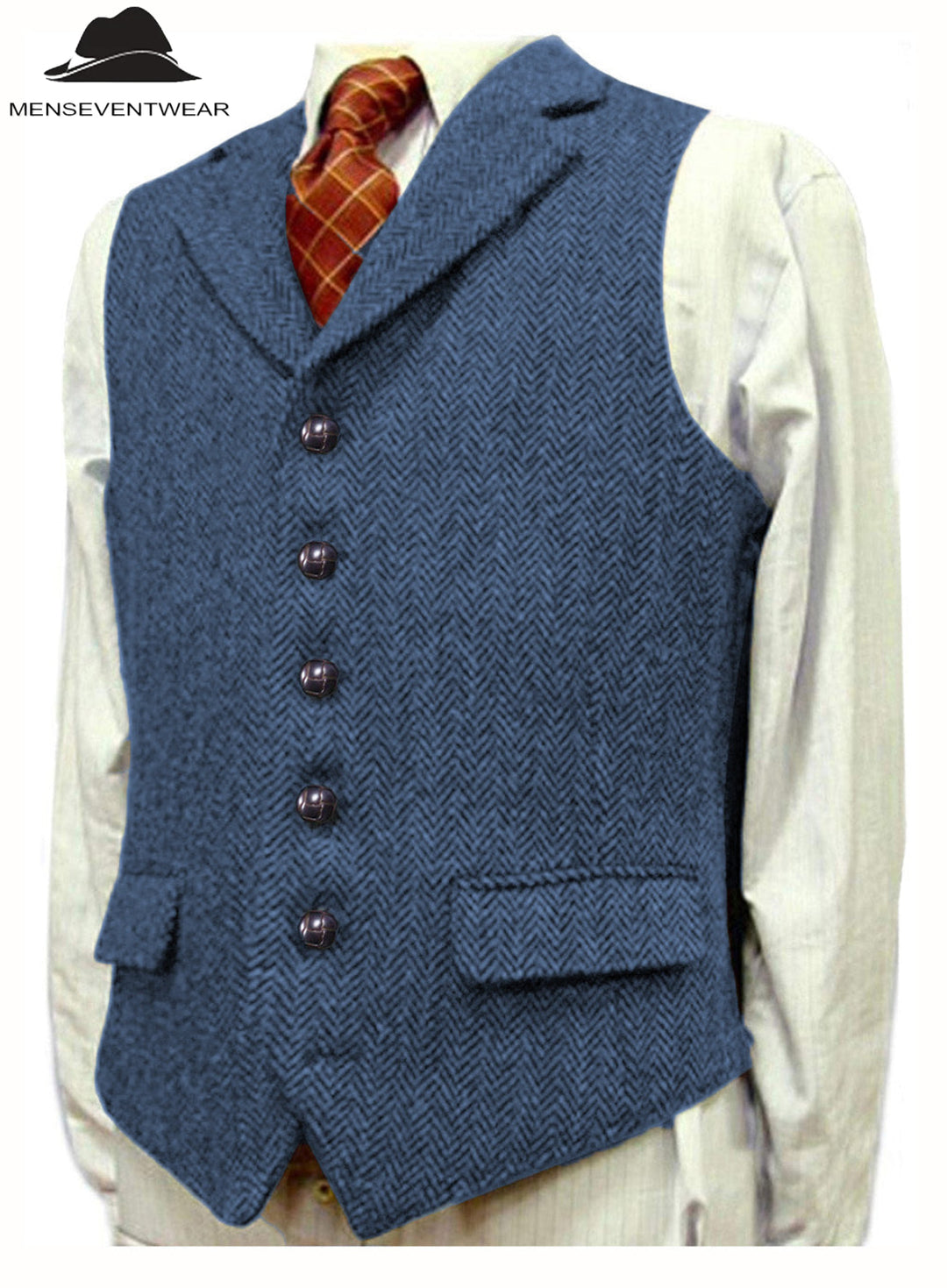 Casual Men's Classic Tweed Herringbone Notch Lapel Waistcoat menseventwear