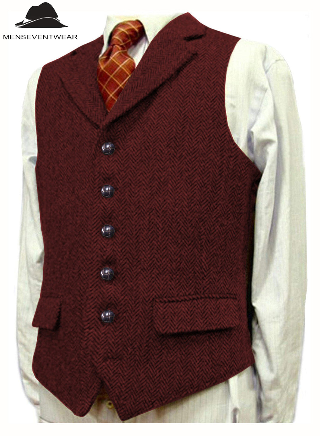 Casual Men's Classic Tweed Herringbone Notch Lapel Waistcoat menseventwear