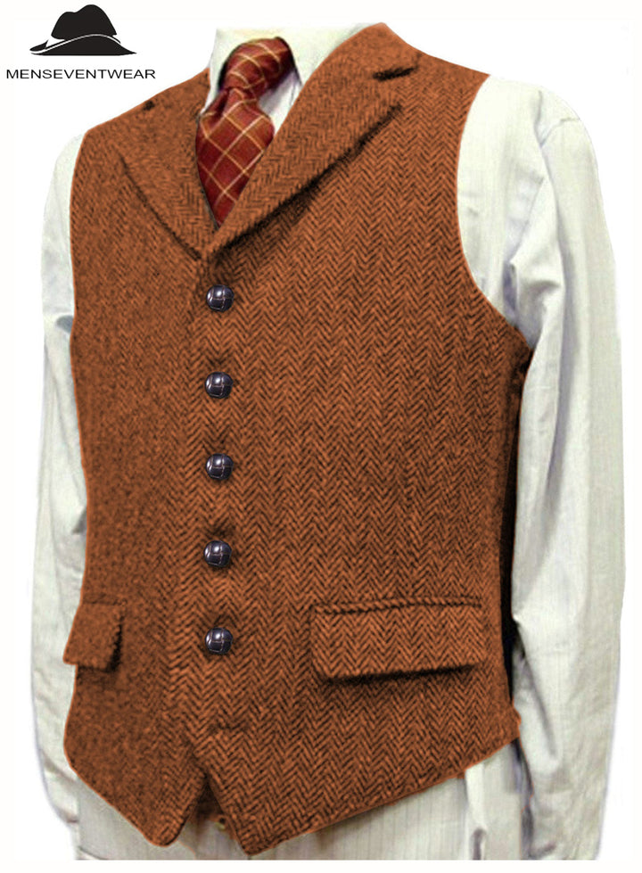 Casual Men's Classic Tweed Herringbone Notch Lapel Waistcoat menseventwear