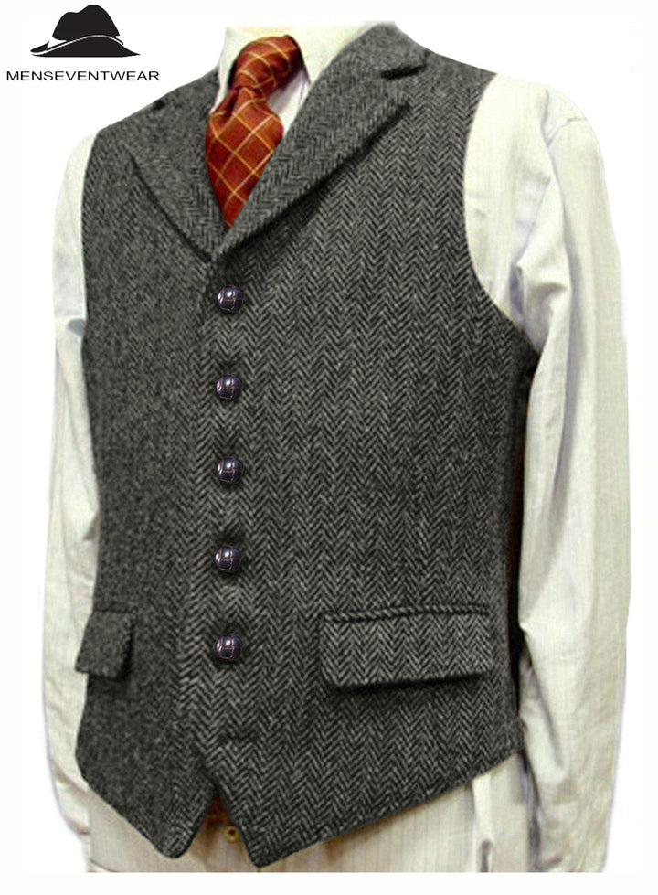 Casual Men's Classic Tweed Herringbone Notch Lapel Waistcoat menseventwear