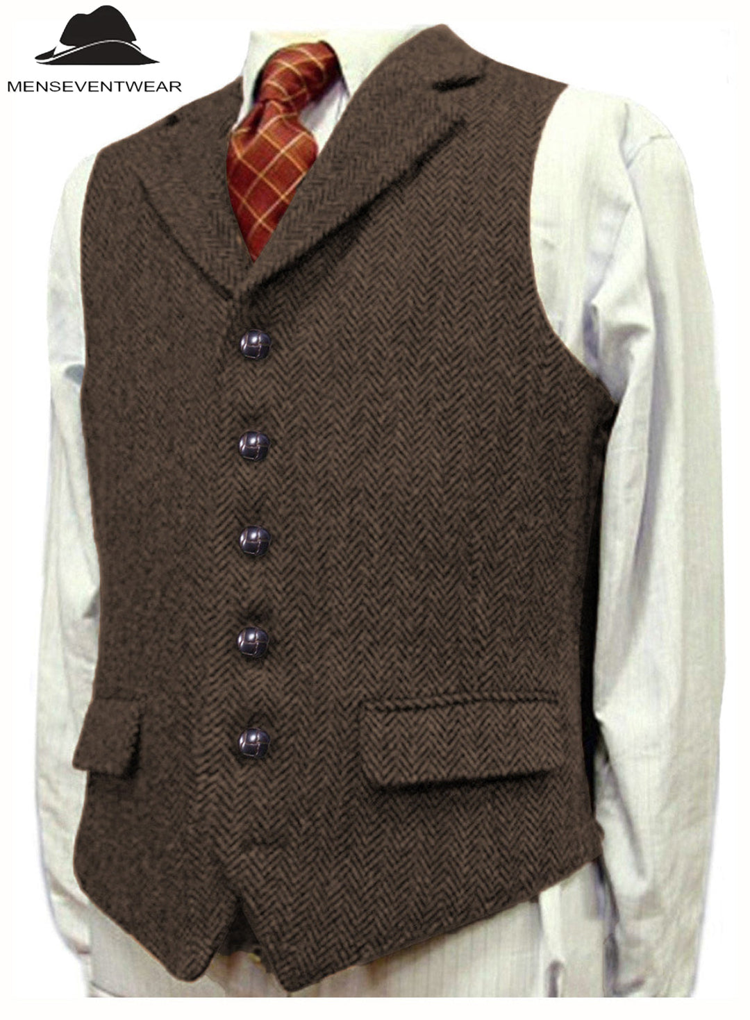 Casual Men's Classic Tweed Herringbone Notch Lapel Waistcoat menseventwear