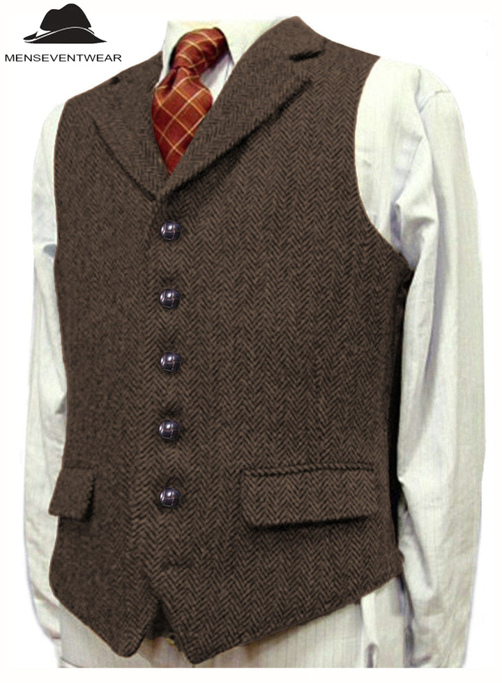 Casual Men's Classic Tweed Herringbone Notch Lapel Waistcoat menseventwear