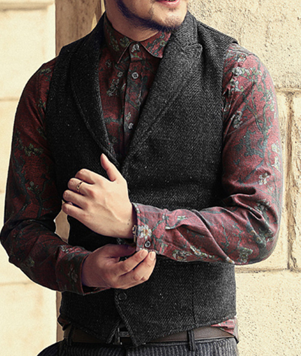 Casual Men's Classic Tweed Herringbone Peak Lapel Waistcoat menseventwear