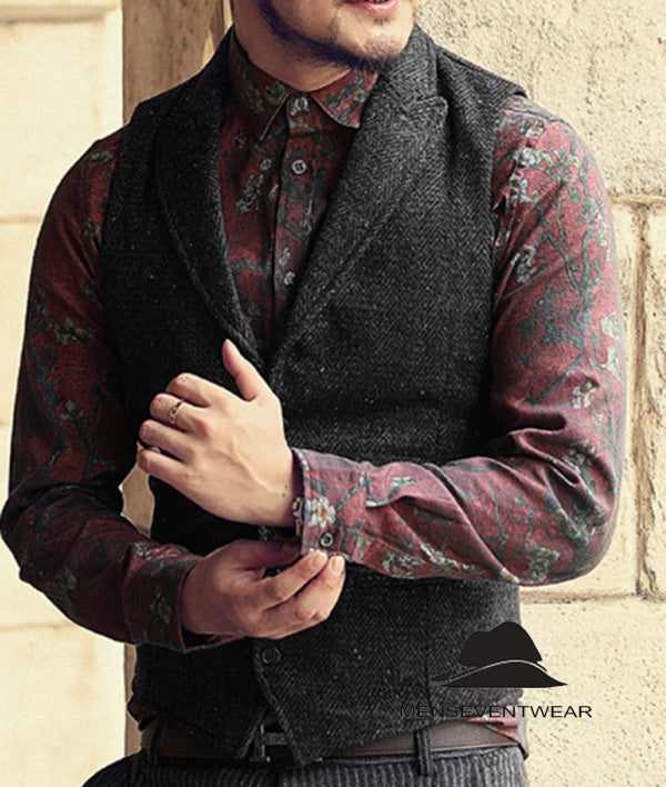 Casual Men's Classic Tweed Herringbone Peak Lapel Waistcoat menseventwear