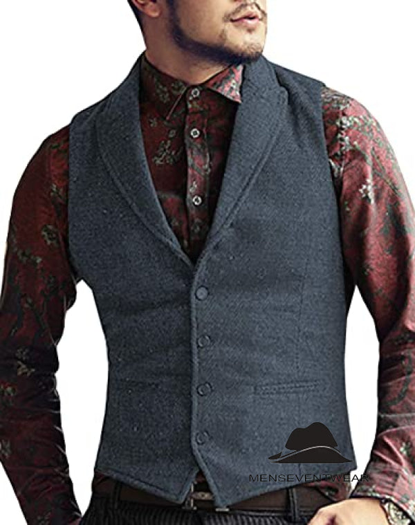 Casual Men's Classic Tweed Herringbone Peak Lapel Waistcoat menseventwear