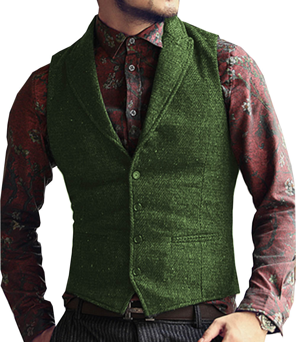 Casual Men's Classic Tweed Herringbone Peak Lapel Waistcoat menseventwear
