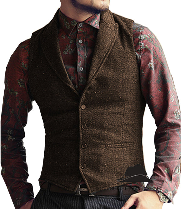 Casual Men's Classic Tweed Herringbone Peak Lapel Waistcoat menseventwear