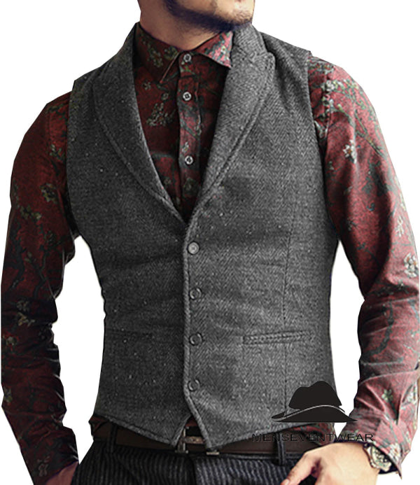 Casual Men's Classic Tweed Herringbone Peak Lapel Waistcoat menseventwear