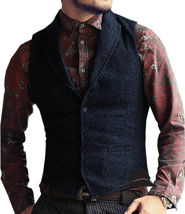 Casual Men's Classic Tweed Herringbone Peak Lapel Waistcoat menseventwear