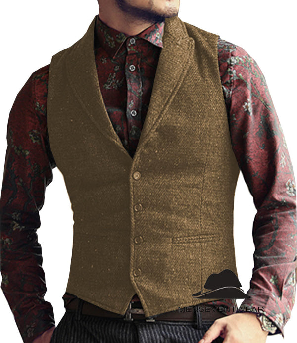 Casual Men's Classic Tweed Herringbone Peak Lapel Waistcoat menseventwear