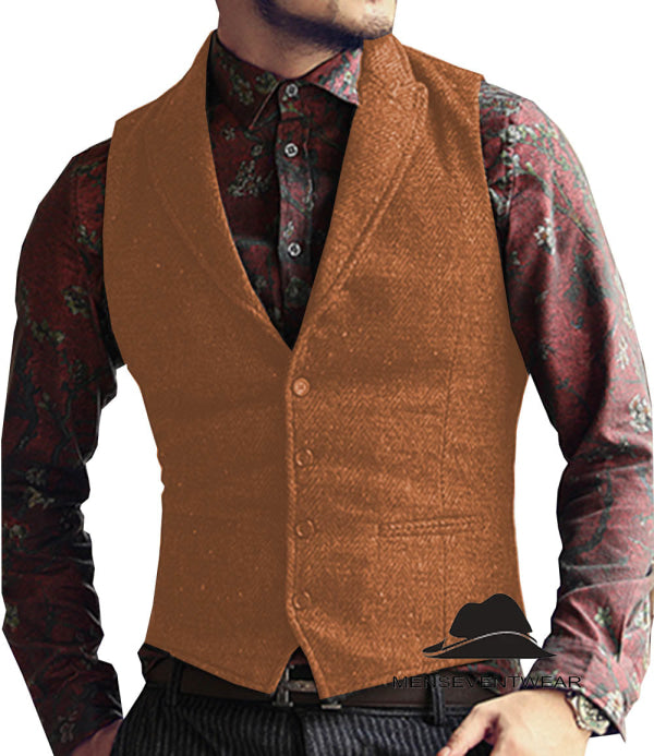 Casual Men's Classic Tweed Herringbone Peak Lapel Waistcoat menseventwear