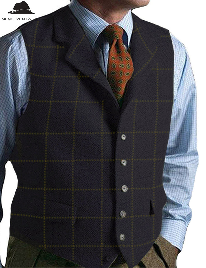 Casual Men's Classic Tweed Plaid Notch Lapel Waistcoat menseventwear