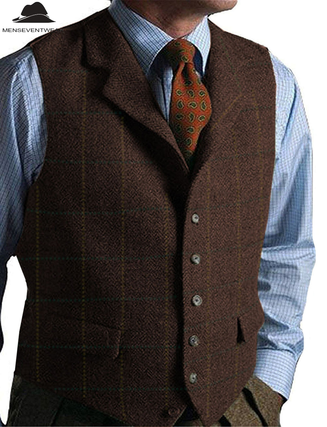 Casual Men's Classic Tweed Plaid Notch Lapel Waistcoat menseventwear