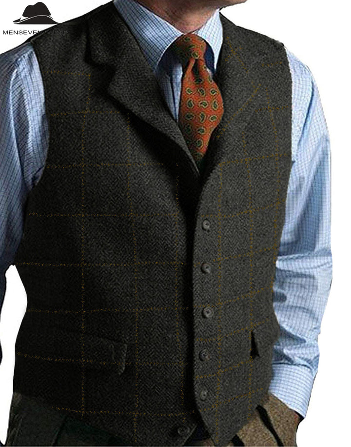 Casual Men's Classic Tweed Plaid Notch Lapel Waistcoat menseventwear