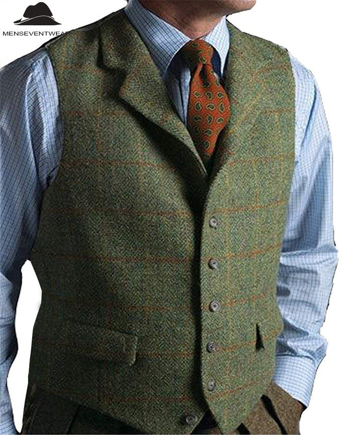 Casual Men's Classic Tweed Plaid Notch Lapel Waistcoat menseventwear