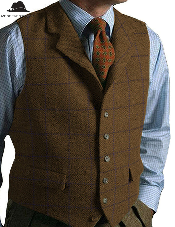 Casual Men's Classic Tweed Plaid Notch Lapel Waistcoat menseventwear