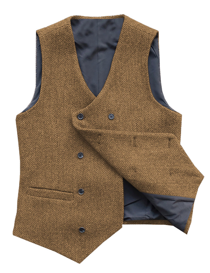 Casual Men's Double Breasted Tweed Herringbone V Neck Waistcoat Adam Reed