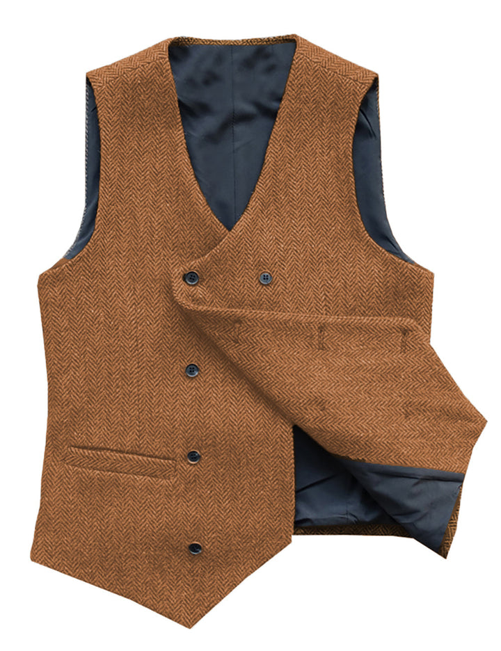 Casual Men's Double Breasted Tweed Herringbone V Neck Waistcoat Adam Reed