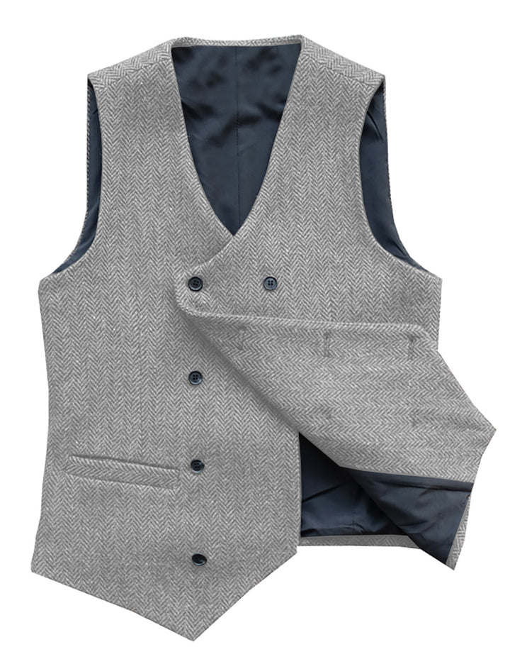 Casual Men's Double Breasted Tweed Herringbone V Neck Waistcoat Adam Reed