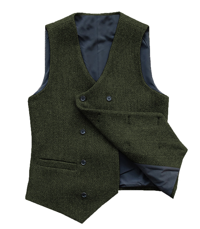 Casual Men's Double Breasted Tweed Herringbone V Neck Waistcoat Adam Reed