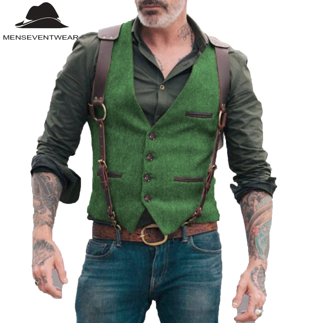 Casual Men's Retro Tweed Herringbone V Neck Waistcoat Adam Reed