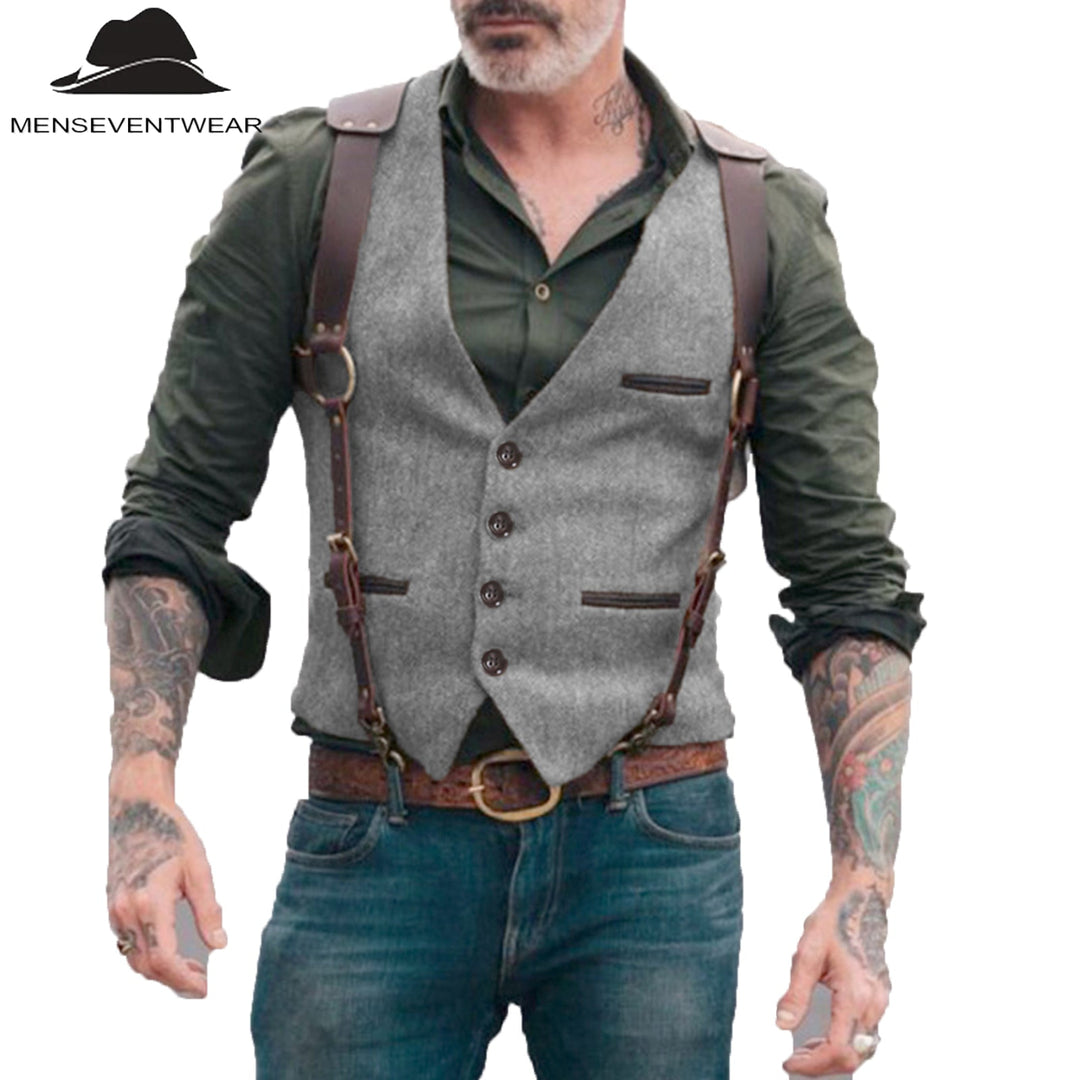 Casual Men's Retro Tweed Herringbone V Neck Waistcoat Adam Reed