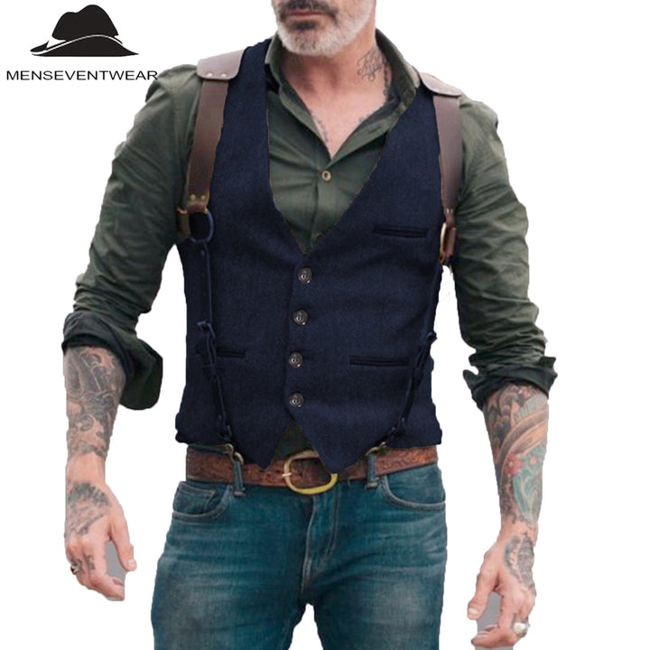 Casual Men's Retro Tweed Herringbone V Neck Waistcoat Adam Reed