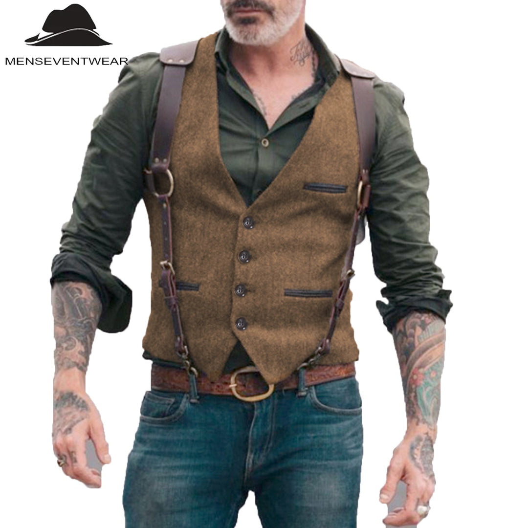 Casual Men's Retro Tweed Herringbone V Neck Waistcoat Adam Reed