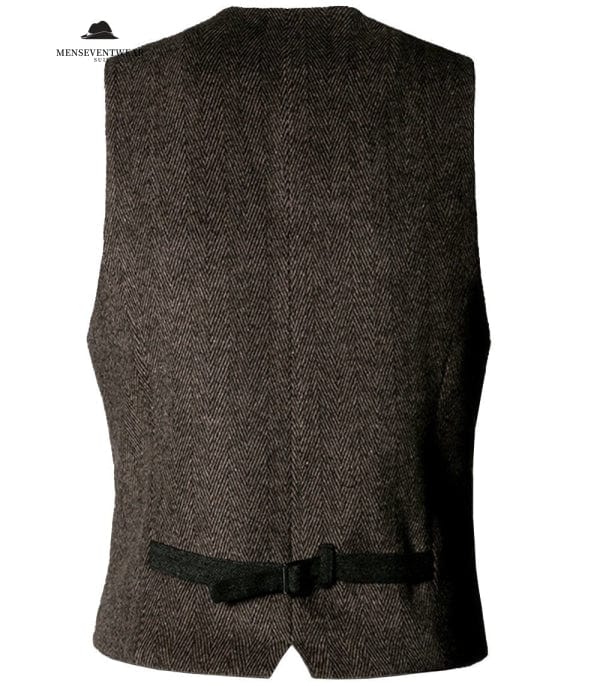 Casual Men's Slim Fit Double Breasted Tweed Herringbone V Neck Waistcoat menseventwear