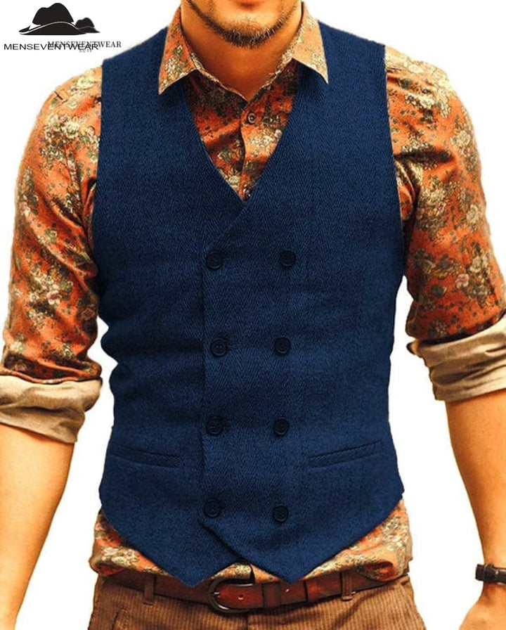 Casual Men's Slim Fit Double Breasted Tweed Herringbone V Neck Waistcoat menseventwear