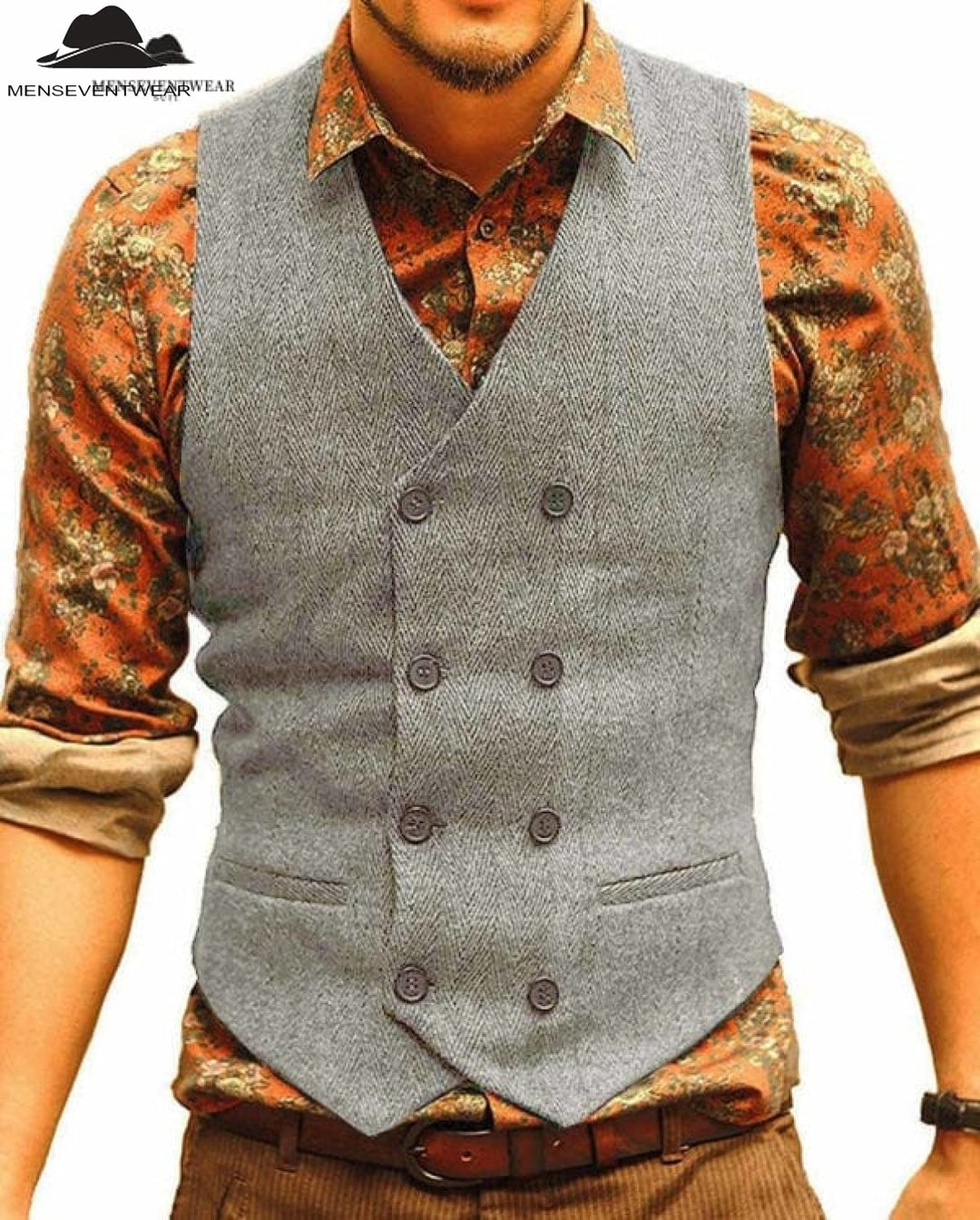 Casual Men's Slim Fit Double Breasted Tweed Herringbone V Neck Waistcoat menseventwear