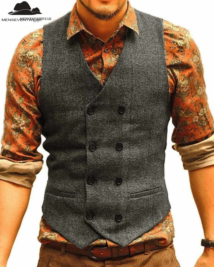 Casual Men's Slim Fit Double Breasted Tweed Herringbone V Neck Waistcoat menseventwear